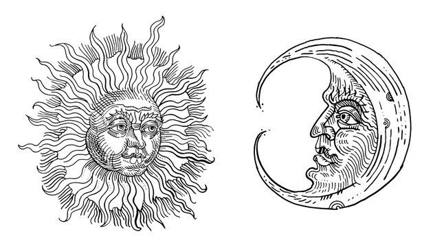 Vintage sun and moon. Hand drawn engraving medieval vintage style ink pen illustration. Antique astrological symbols. Tattoo design. Esoteric, occult, witchcraft, alchemy, boho, astrology, zodiac.