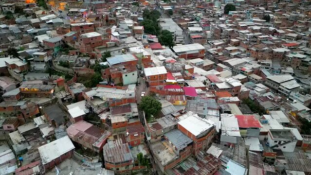 Aerial view of famous slums of Caracas, Venezuela. Favelas in the poor criminal district on the hills. The most dangerous cities in the world