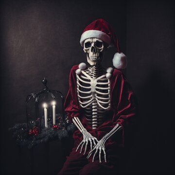 close up of a skeleton in santa claus costume sits on a chair in a empty room, christmas, decoration, red, spooky, colorful, illustration made with generative ai