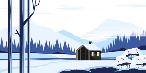 Fototapeta premium Winter landscape. Cartoon cabin house in snowy forest and mountains, minimal nature scenery panorama. Vector background