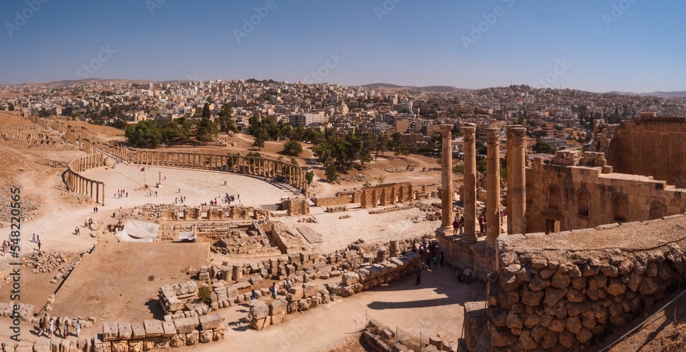 Sticker details of famous historical oval plaza with columns, ancient roman structure in jerash, jordan.