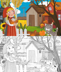 cartoon farm ranch animals pumpkins with sketch