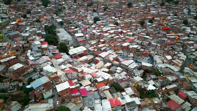 Aerial view of famous slums of Caracas, Venezuela. Favelas in the poor criminal area of the capital. The most dangerous cities in the world