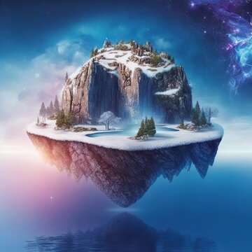 3d Floating Rock Island With Amazing Winter Island.