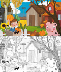 cartoon farm ranch animals pumpkins with sketch