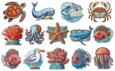 Set of cute cartoon stickers with sea animals, icons underwater life, ocean animals