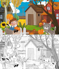 cartoon farm ranch animals pumpkins with sketch