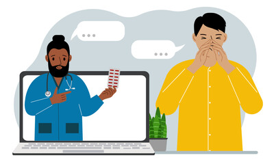 Online consultation with a doctor. A man in pain holds his hands to his face and communicates through a laptop with a doctor.