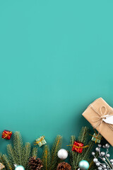 Christmas background design concept with beautiful decors, tree branch and gift box.