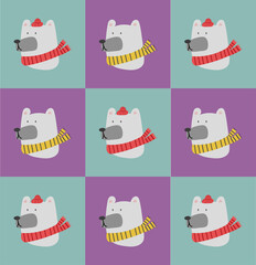 Christmas white polar bear head pattern on a purple blue background. Illustration of cute cartoon bear in warm red hat and red yellow scarf for greeting cards, prints