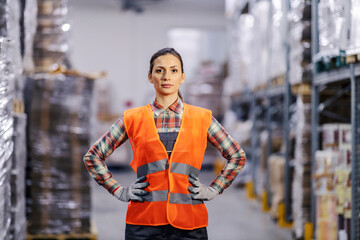 A confident warehouse worker in work wear getting ready for shipping and delivery business.