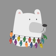 Holiday white polar bear head with Christmas lights. Illustration of cute cartoon bear in warm red hat and scarf for greeting cards, prints