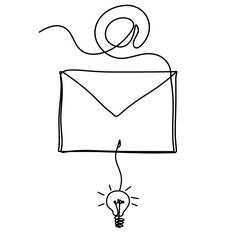Abstract paper envelope with light bulb as line drawing on white background. Vector