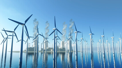 Rendering of multiple wind turbines and a nuclear power plant in the background