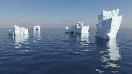 Rendering of floating ice mountains in the ocean