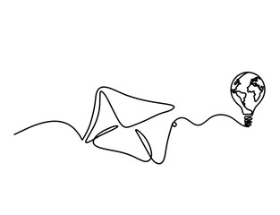 Abstract paper envelope with globe light bulb as line drawing on white background. Vector