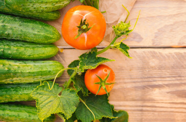 Fresh vegetables on a wooden background. Empty space for the text. Cucumbers, tomatoes, garlic, dill. Top view.