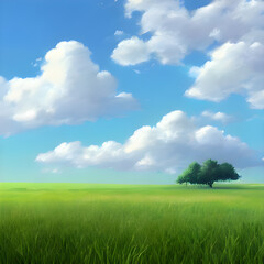 Fototapeta premium きれいな草原、空、雲。心地良い風景。