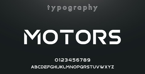 MOTORS Minimal urban font. Typography with dot regular and number. minimalist style fonts set. vector illustration