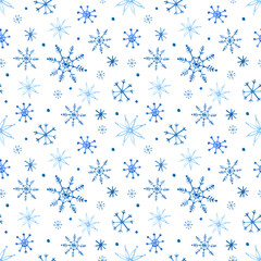 Winter seamless pattern. Blue snowflakes painted in watercolor on a white background. For packaging, fabric, decor, etc.