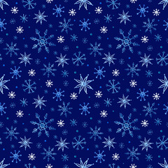 Winter seamless pattern. Watercolor blue snowflakes on a dark blue background. For packaging, fabric, decor, etc.