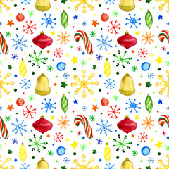 Christmas seamless pattern. Watercolor illustration. Colorful snowflakes, bright Christmas tree toys, candies, confetti on a white background. For packaging, fabric, decor, etc.