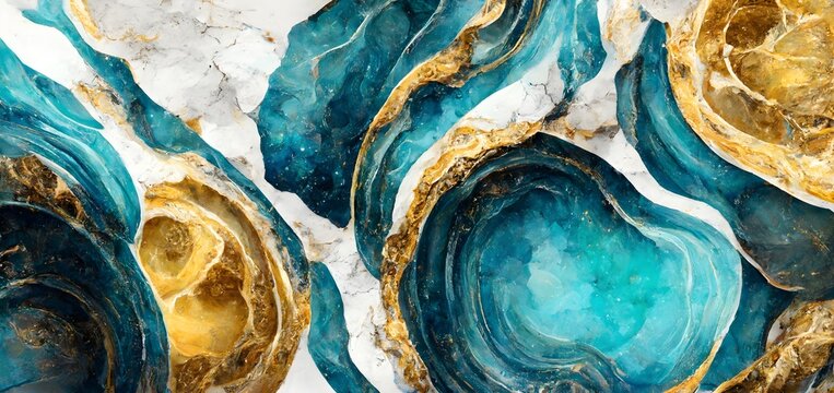 abstract marble wallpaper for wall decor. Resin geode and abstract art, functional art, like watercolor geode painting. golden, blue, turquoise, and gray background
