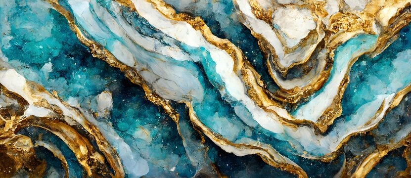 abstract marble wallpaper for wall decor. Resin geode and abstract art, functional art, like watercolor geode painting. golden, blue, turquoise, and gray background