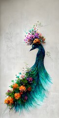 Drawing peacock wall digital art with flowers. 3d modern wall decor