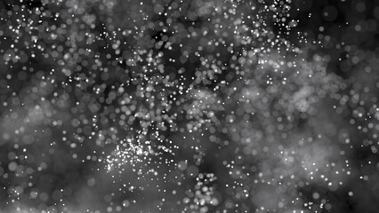 Fototapeta na wymiar 3D rendering of cluster of white particles flitting about on black background with bokeh