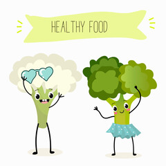 Vector illustration of funny cartoon character cauliflower and broccoli, have fun, healthy food, cuisine, ingredients, kids t-shirt design.