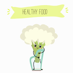 Vector illustration of funny cartoon character cauliflower, playing the harp, healthy food, kitchen, ingredients, kids t-shirt design.