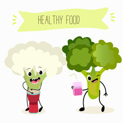 Vector illustration of funny cartoon character broccoli and cauliflower, playing ethnic drum, sipping cocktail, healthy eating, cuisine, ingredients, kids t-shirt design.
