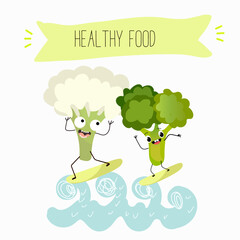 Vector illustration of funny cartoon character broccoli and cauliflower, surfboarding, surfing, healthy eating, cuisine, ingredients, kids t-shirt design.