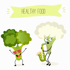 Vector illustration of funny cartoon character broccoli and cauliflower, playing saxophone, healthy food, cuisine, ingredients, kids t-shirt design.