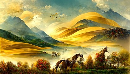 3D mural wallpaper suitable for frame canvas print . horse and golden trees with colored mountains . golden sun and birds with modern background