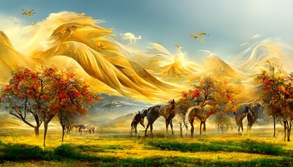 3D mural wallpaper suitable for frame canvas print . horse and golden trees with colored mountains . golden sun and birds with modern background