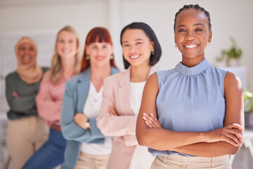 Portrait, diversity or women with smile, leadership or happy together in office. Business ladies,...