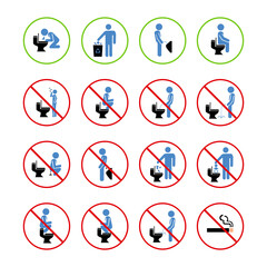 Set of toilet signs. WC icons. Restroom Signs Illustration. No pee sign. Set of prohibition signs.