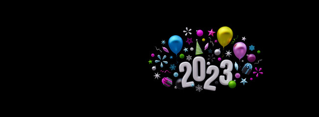 Happy New Year 2023 Greeting card on black background with copy space 3d render 3d illustration