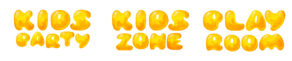 Fototapeta premium Kids zone vector cartoon banner. honey letters for children's playroom decoration. Sign for children's game room. Kids zone and party room game education fun area design. Vector illustration.
