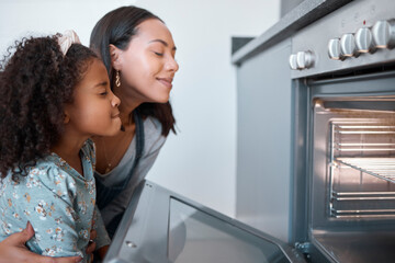 Family, food and oven cooking smell with meal preparation for lunch, dinner or healthy snack....