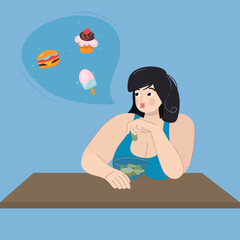 A cute curvy girl is forced to follow a diet. A fat woman prefers lettuce, although she dreams of sweet and starchy foods. Diet and healthy eating versus junk food. Vector cartoon flat illustrations.