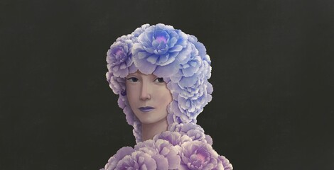 Surreal painting of woman with flowers. Portrait art. Concept art of dream and nature. Face of girl and floral.