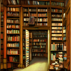 図書館や本屋といった本が棚にたくさん並んだ風景のイラストです。