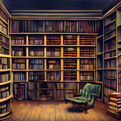 図書館や本屋といった本が棚にたくさん並んだ風景のイラストです。