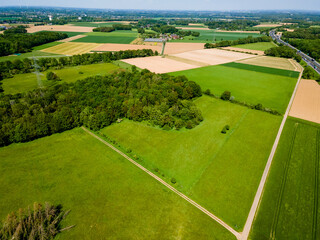 Farmland from above. Aerial view over green fields