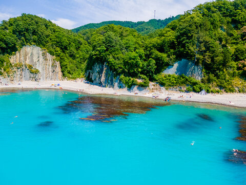 Beautiful view on Black Sea coast. The Kiselev Rock, Tuapse Russia. Drone view of rocks, nature, sea and water