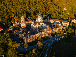 Top view of orthodox monastery in novy afon, abkhazia. christian temple in new athos. photo from above.