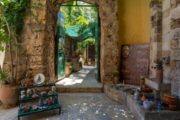 The attractive entrance of a ceramics shop in Zampeliou street in the old town of Chania, Crete